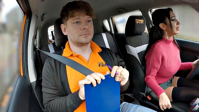 Inked driving babe sucks cock and gets fucked by instructor