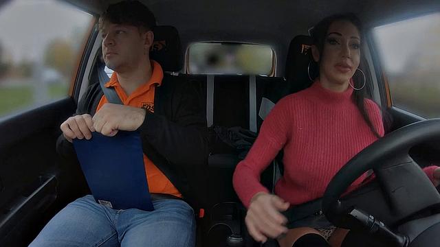 Inked driving babe sucks cock and gets fucked by instructor