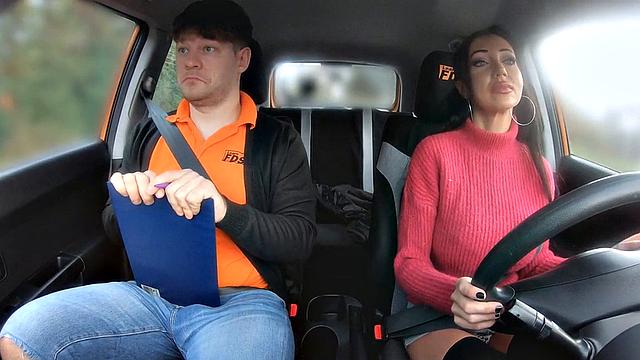 Inked driving babe sucks cock and gets fucked by instructor