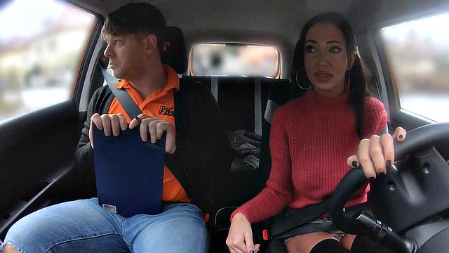 Inked driving babe sucks cock and gets fucked by instructor