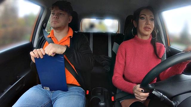 Inked driving babe sucks cock and gets fucked by instructor