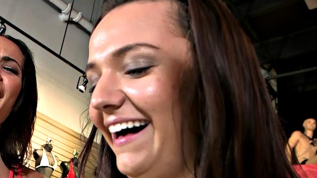 Mila, the hot latin brunette, gets drilled from behind in a store-wide reverse cowgirl frenzy