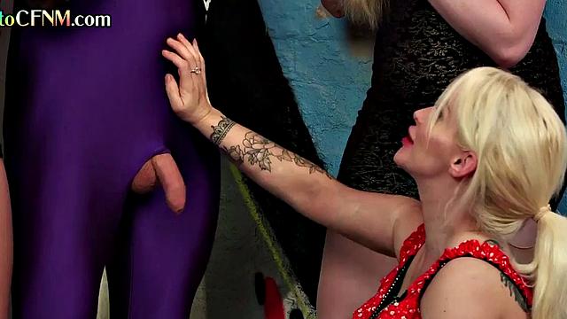 CFNM femdom MILFS dirtytalking jerking tied up man