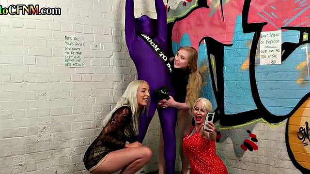 CFNM femdom MILFS dirtytalking jerking tied up man