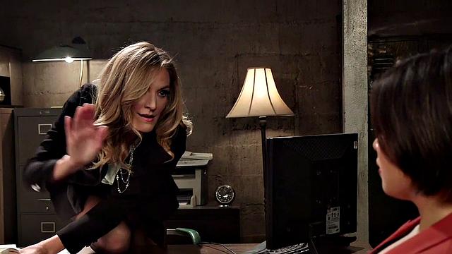 Whipped Asian lez fucked in office by lez domina