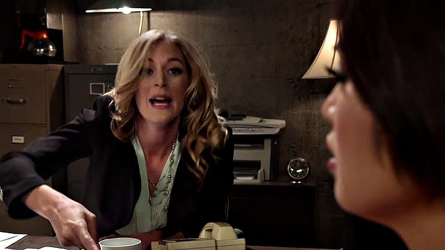 Whipped Asian lez fucked in office by lez domina