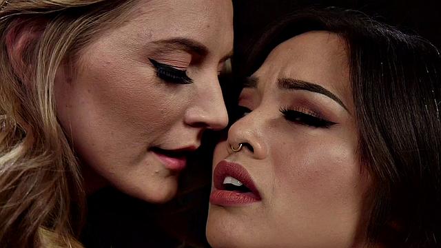 Whipped Asian lez fucked in office by lez domina