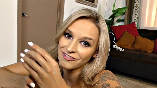 Small boobs babe jerks oiled cock in POV and talks dirty