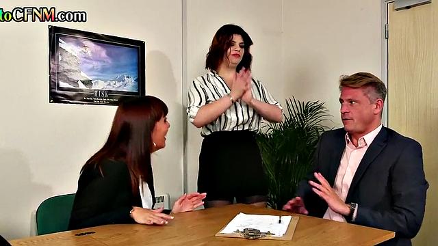 CFNM femdom secretaries give threesome in sinful office