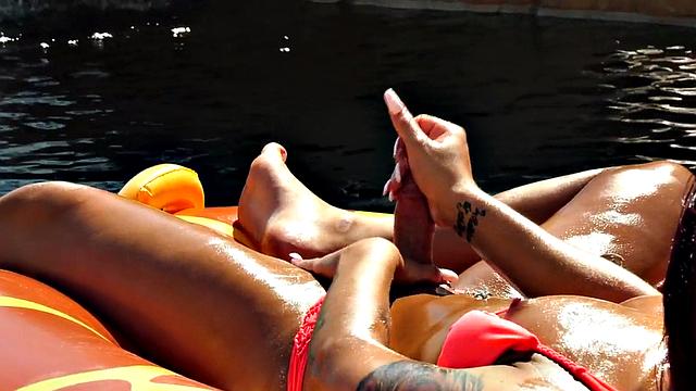 Trans beauty bent over and fucked poolside