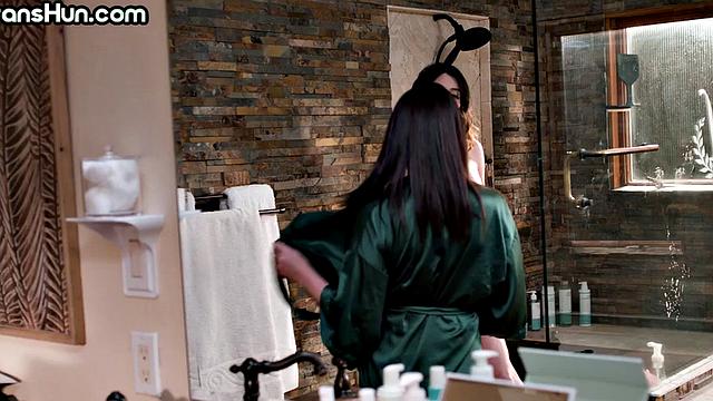 Trans honey passionate sex under shower with curvy GF