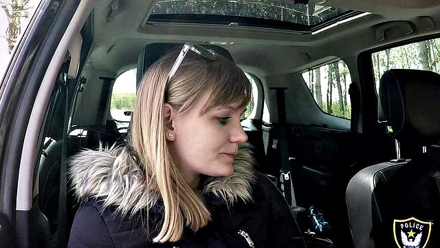 Naughty blonde teen rides a cop in uniform while getting her bald pussy fucked in reverse cowgirl