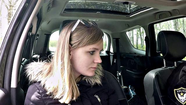 Naughty blonde teen rides a cop in uniform while getting her bald pussy fucked in reverse cowgirl