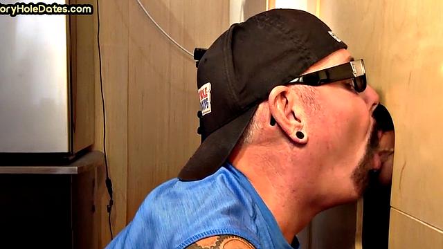 Tattooed gloryhole DILF sucks at home till cum in mouth