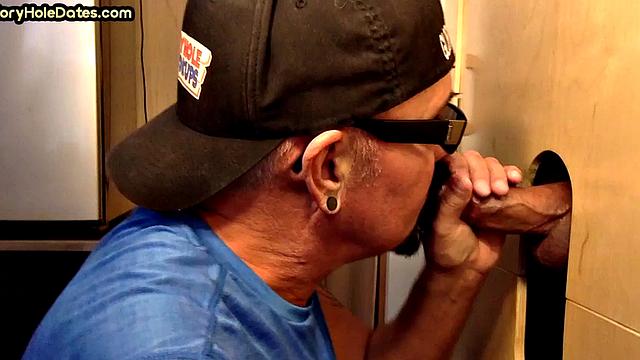 Tattooed gloryhole DILF sucks at home till cum in mouth