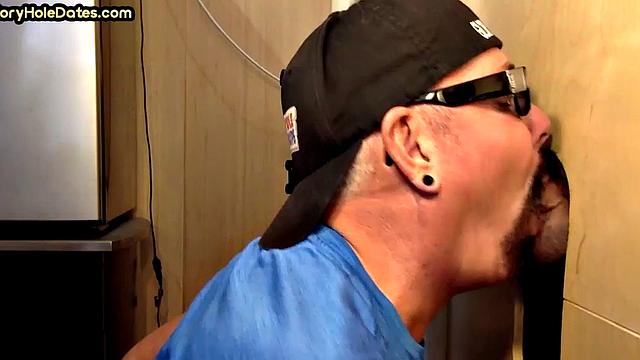 Tattooed gloryhole DILF sucks at home till cum in mouth