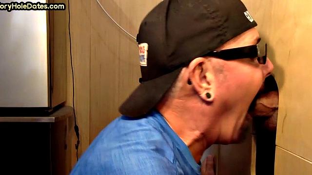 Tattooed gloryhole DILF sucks at home till cum in mouth