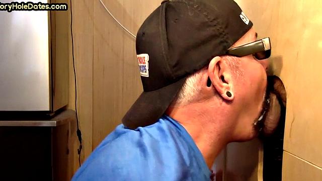 Tattooed gloryhole DILF sucks at home till cum in mouth