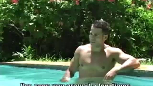 Ramon is alone in the pool doing power laps when Rodrigo jumps in. The two big dicked muscle hunks affectionately pose, and kiss, before moving behind a hidden statue nook.