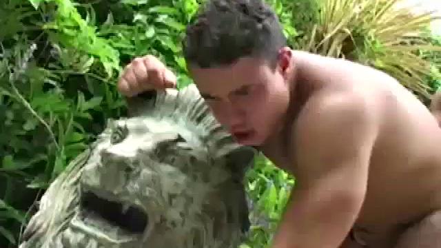 Ramon is alone in the pool doing power laps when Rodrigo jumps in. The two big dicked muscle hunks affectionately pose, and kiss, before moving behind a hidden statue nook.