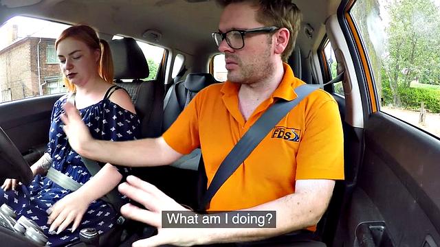 Bigass ginger throats and rides driving tutor in car