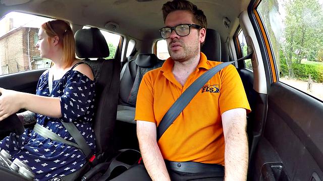 Bigass ginger throats and rides driving tutor in car