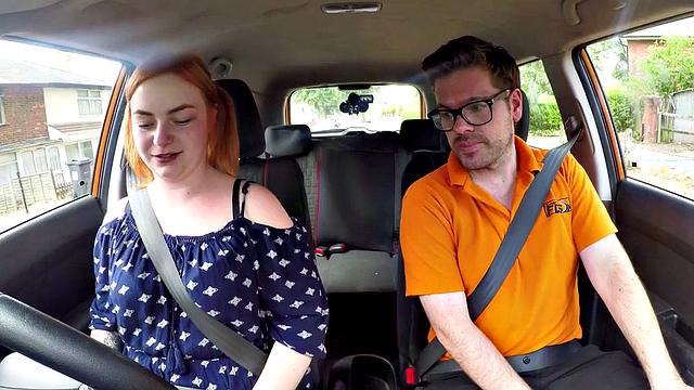 Bigass ginger throats and rides driving tutor in car