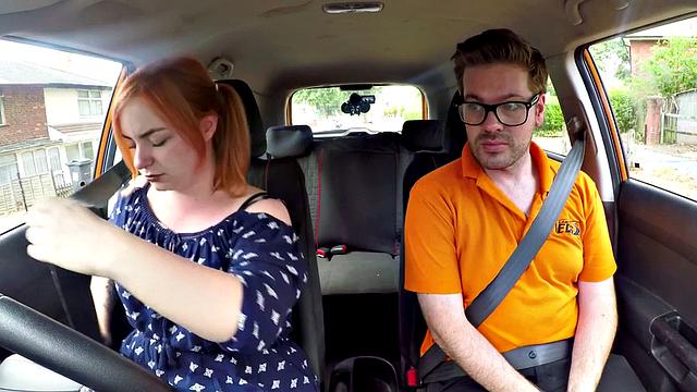 Bigass ginger throats and rides driving tutor in car