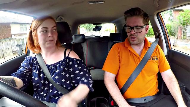 Bigass ginger throats and rides driving tutor in car