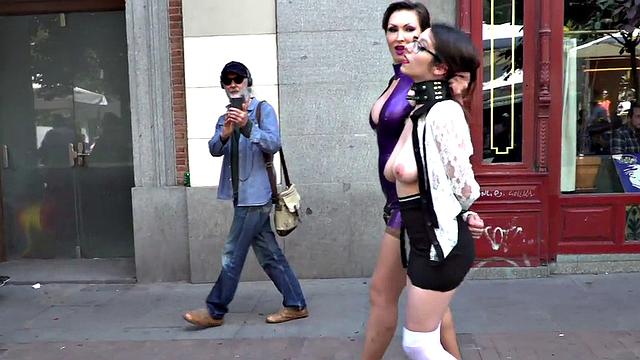 Babe humiliated in public by her lezdom lady