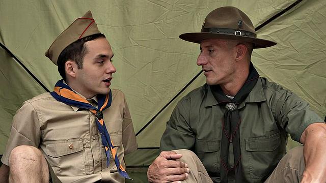 Outdoor gaydaddy scout fucks twink in public under tent