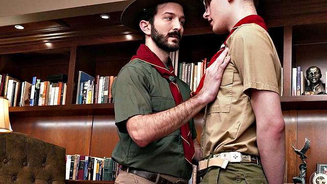 Hairy elder scout rimming twink in the office