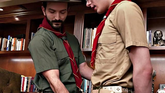 Hairy elder scout rimming twink in the office