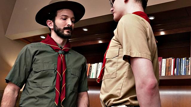 Hairy elder scout rimming twink in the office