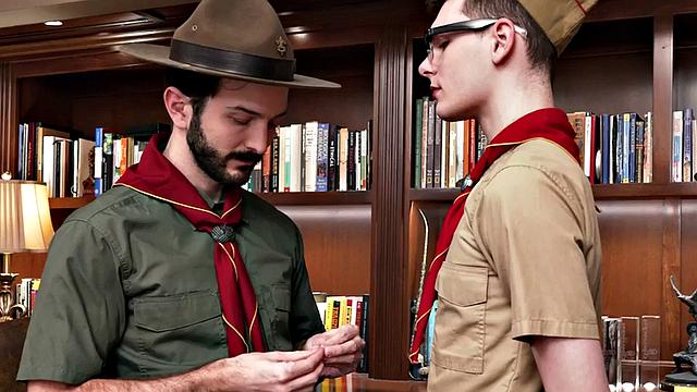 Hairy elder scout rimming twink in the office
