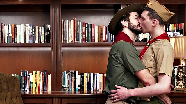 Hairy elder scout rimming twink in the office