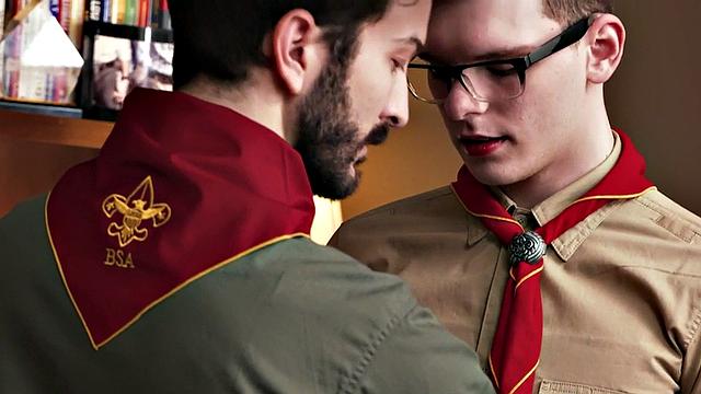 Hairy elder scout rimming twink in the office