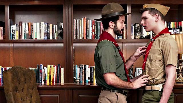 Hairy elder scout rimming twink in the office