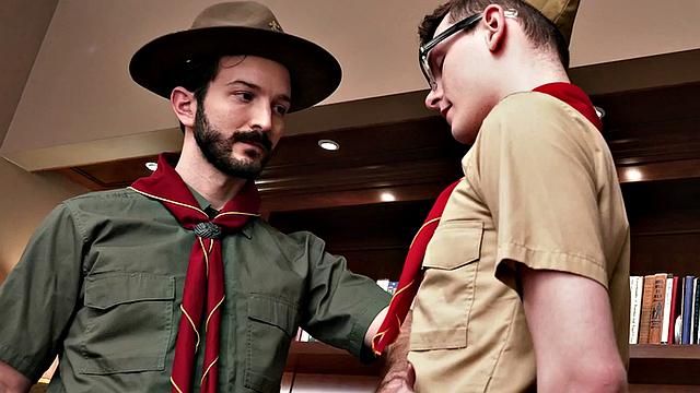 Hairy elder scout rimming twink in the office