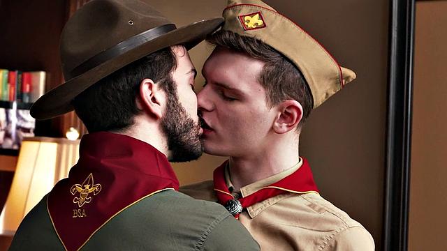 Hairy elder scout rimming twink in the office