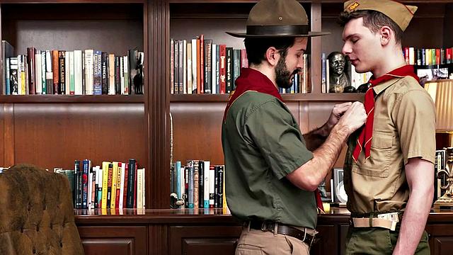 Hairy elder scout rimming twink in the office