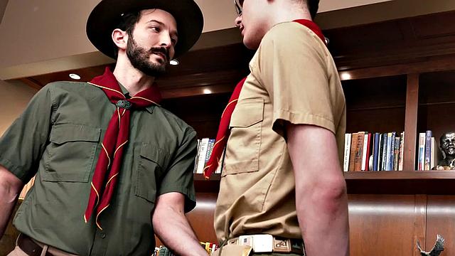 Hairy elder scout rimming twink in the office