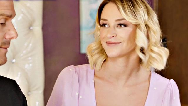 Blonde milf wife waits for husband's cock giving blowjob