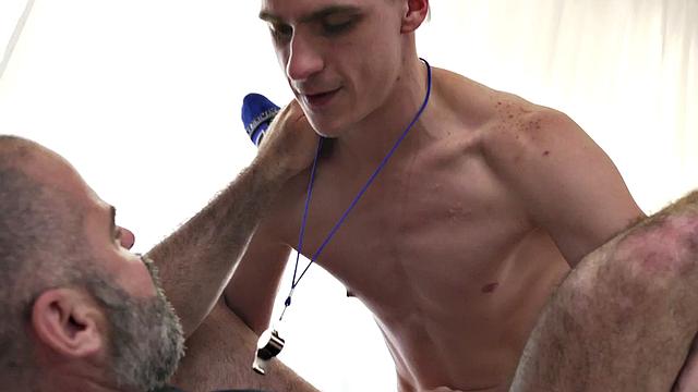 Hairy bottom DILF assfucked by skinny twink in jockstrap