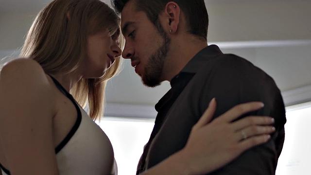 Small tits TS babe rimmed and barebacked by BF on the couch