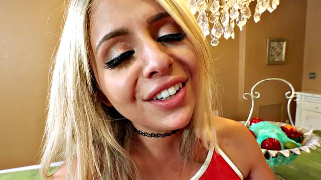 Blonde bombshell gets her bald pussy stuffed & face splattered with cum