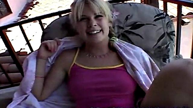 Little Summer walks up on the balcony and gets horny. She shows her natural tits and pussy. She rubs her pussy close-up and fingers hard until cum