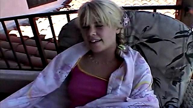 Little Summer walks up on the balcony and gets horny. She shows her natural tits and pussy. She rubs her pussy close-up and fingers hard until cum