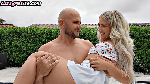 Tiny blondie riding lucky fella