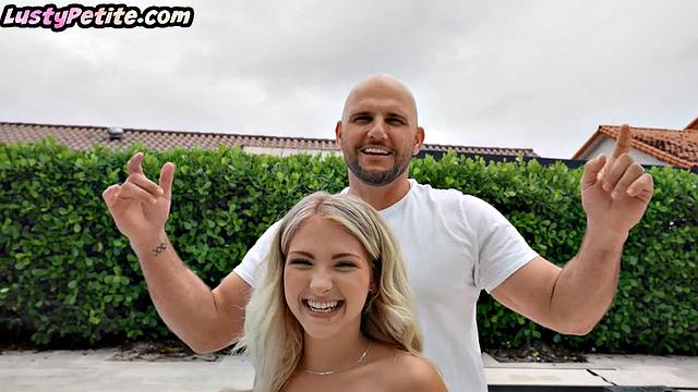 Tiny blondie riding lucky fella